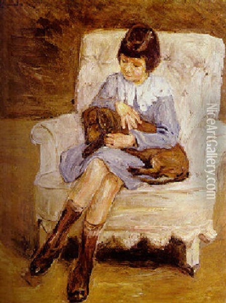 Maria Riezler-white, Granddaughter Of Artist, With Dachshund On Her Knee Oil Painting - Max Liebermann