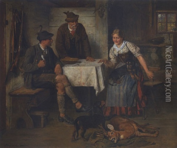 Dirndl Und Zwei Jager In Der Bauernstube Oil Painting - Adolf Eberle