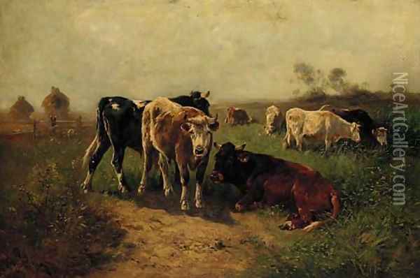 Cattle grazing in a summer meadow Oil Painting - Henry J. Schouten