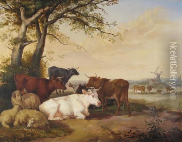 Cattle And Sheep In A Landscape, A Windmill Beyond Oil Painting - Henry Hillier Parker