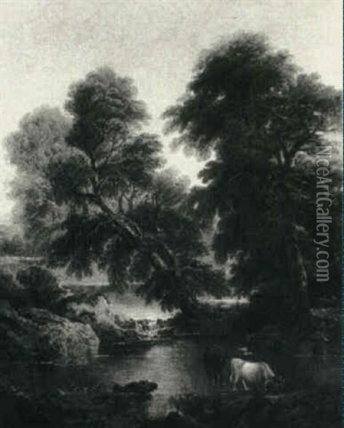 Cows Watering In A Wooded River Oil Painting - John Joseph (of Bath) Barker