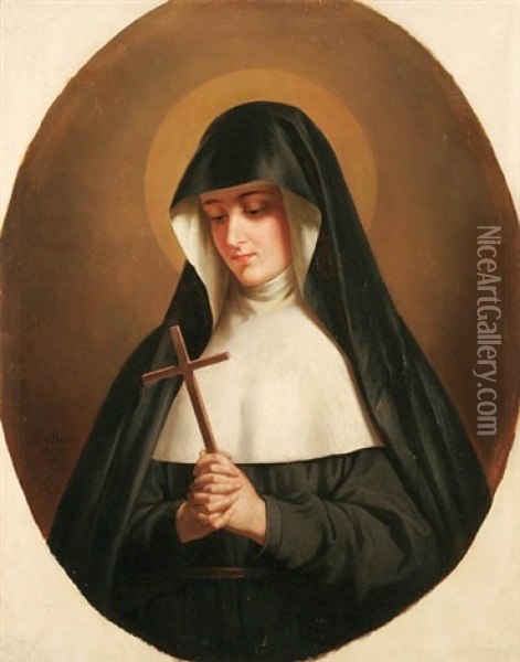 A Nun Contemplating A Cross Oil Painting - Fidelis Bentele