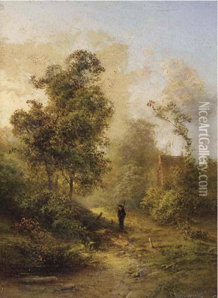 A Hunter Walking On A Forest Path Oil Painting - Pieter Lodewijk Francisco Kluyver