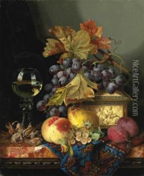 A Roemer With A Casket, Grapes, 
Plums, Cobnuts, Whitecurrants, Apear And A Peach On A Marble Ledge Oil Painting - Edward Ladell