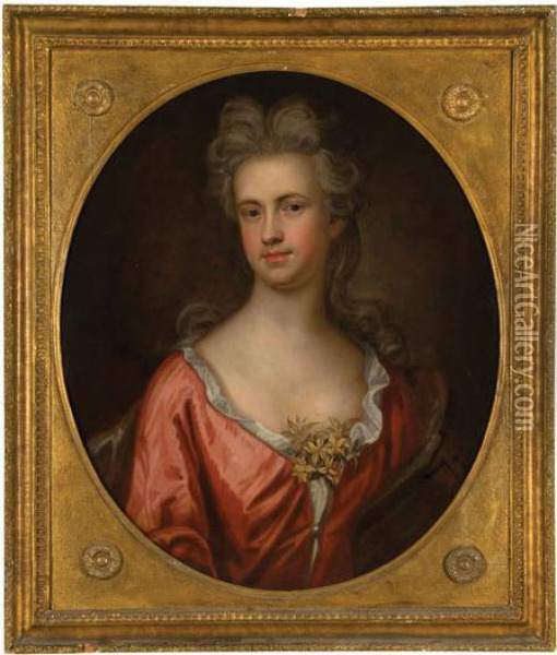 Portrait Of A Lady In A Pink Dress. Oil Painting - Sir Godfrey Kneller