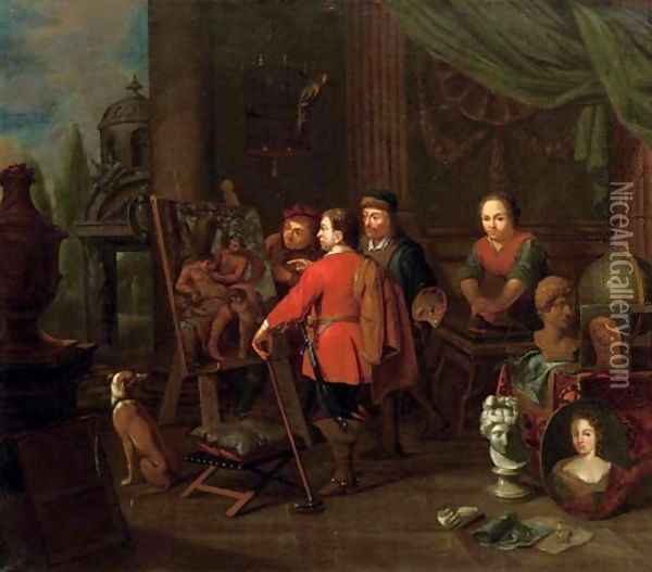 An artist's studio with an elegant man inspecting a painting Oil Painting - Balthasar Van Den Bossche