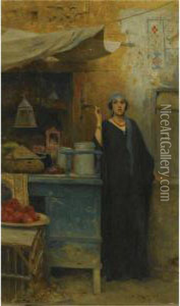 Girl By A Market Stall Oil Painting - Charles Wilda