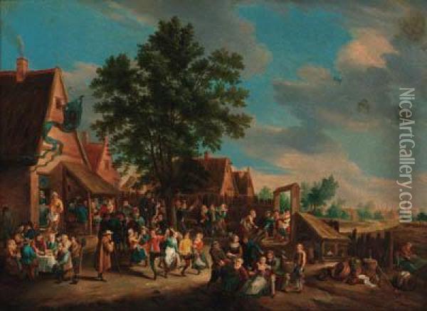 Peasants Dancing And Merrymaking Before An Inn Oil Painting - David The Younger Teniers