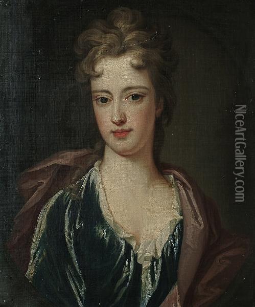 Portrait Bust Length Of A Lady, Wearing A Blue Dress With A Red Shawl Oil Painting - Sir Godfrey Kneller