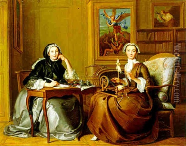 A Conversation Piece: Two Ladies In An Interior (g. De Noailles, Duchesse De Villars, And L. De Noailles, Duchesse De Caumont?) Oil Painting - Jacques Autreau