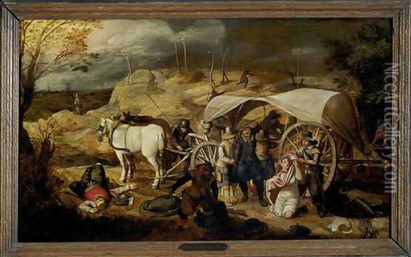 Soldiers Ambush a Cart and Passengers, between 1600-1647 Oil Painting - Sebastien Vrancx
