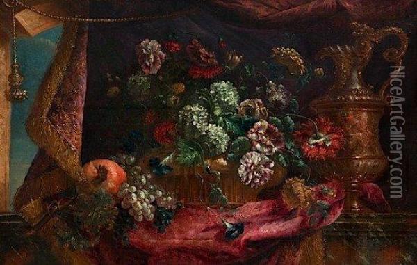 Vase De Fleurs Et Aiguiere Sur Un Entablement Oil Painting - Pierre-Nicolas Huillot