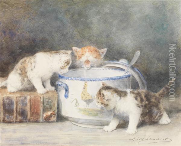 Trois Chatons Autour Du Pot De Lait Oil Painting - Louis Eugene Lambert