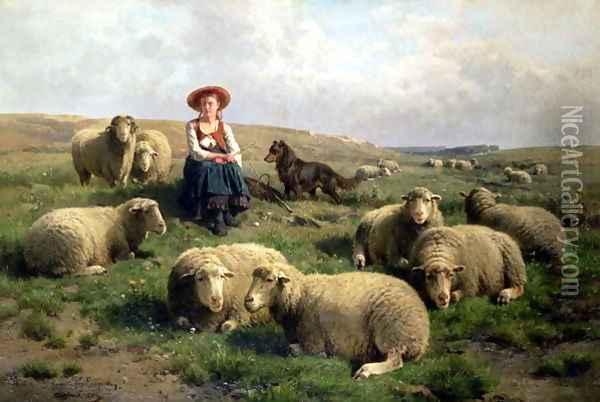 Shepherdess with Sheep in a Landscape Oil Painting - Cornelis van Leemputten