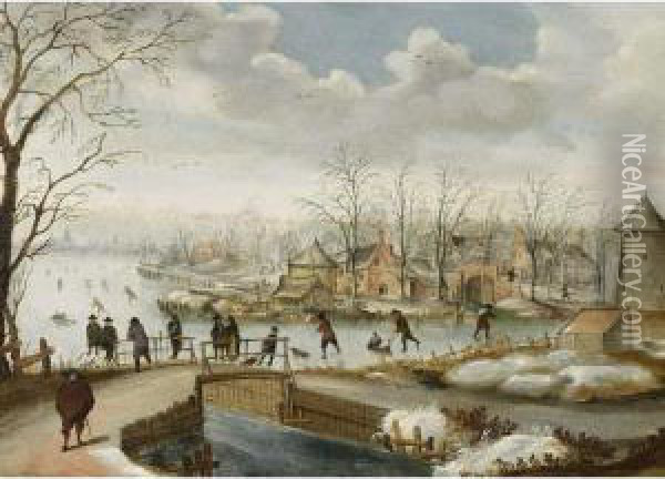 A Winter Landscape With Skaters On A Frozen River Near A Village And Figures On A Bridge Oil Painting - Antoni Verstralen (van Stralen)
