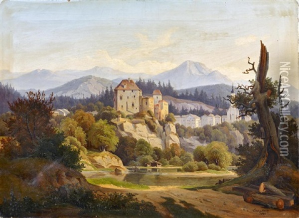 Flusslauf Im Gebirge Mit Burganlage Und Stadt Oil Painting - Hermann Lungkwitz