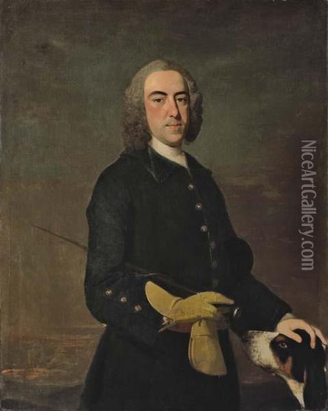 Portrait Of A Gentleman, 
Three-quarter-length, In A Green Coat, Holding A Riding Crop, With A 
Hound By His Side, In A Landscape Oil Painting - Thomas Hudson