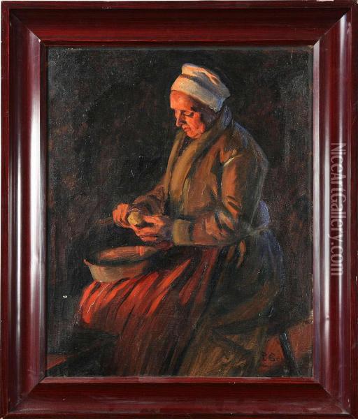 Interior, Kvinna Skalar Potatis, Signerad Oil Painting - Paul Edmund Graf