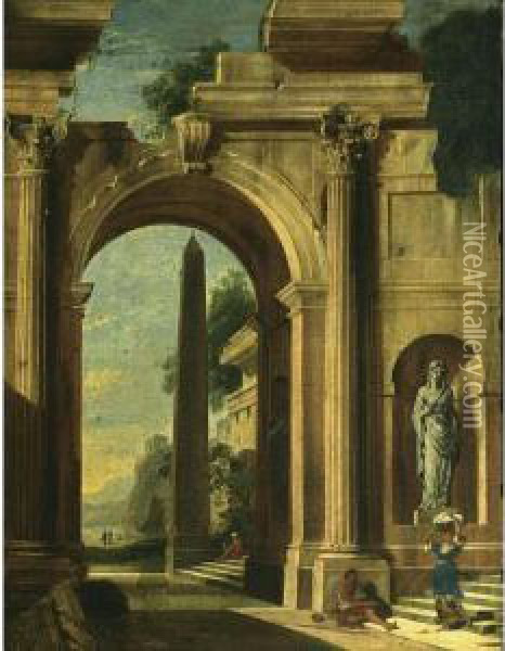 An Architectural Capriccio Of A 
Classical Building With An Obelisk, With A Beggar And A Washerwoman On 
The Stairs And A View Of A Temple Beyond Oil Painting - Nicolo Viviani Codazzi