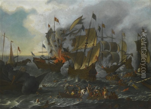 Marine Battle With An Explosion Aboard A Ship, And Figures Engaged In Hand-to-hand Combat On A Boat In The Foreground Oil Painting - Johannes Lingelbach