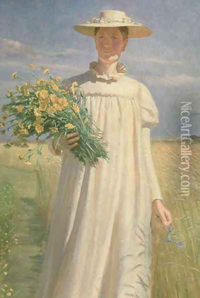 Anna Ancher returning from Flower Picking, 1902 Oil Painting - Michael Peter Ancher
