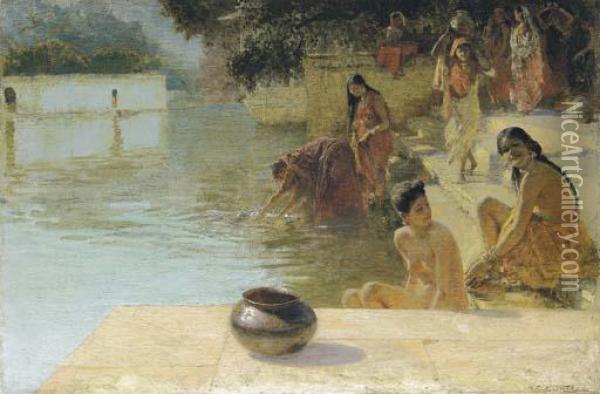 Indian Women Bathing Near Tripolia Ghat On Pichola Lake, Udaipur Oil Painting - Edwin Lord Weeks