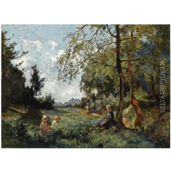 Children Picking Flowers In A Field Oil Painting - Johannes Evert Hendrik Akkeringa