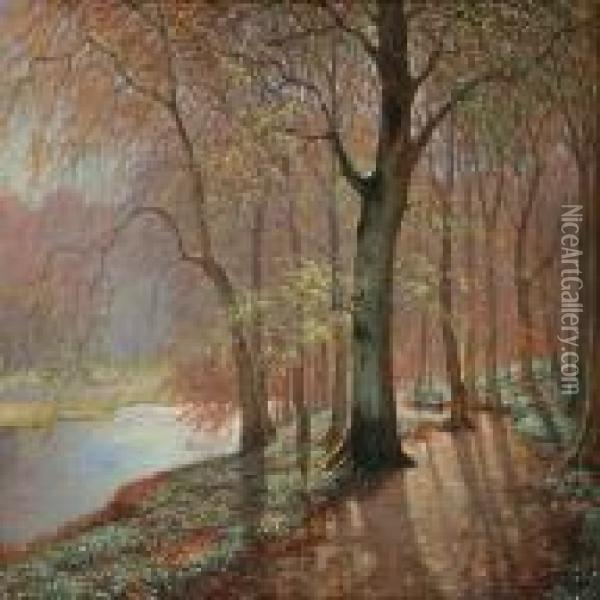 Forest With Path Along A Lake Oil Painting - Peter Busch