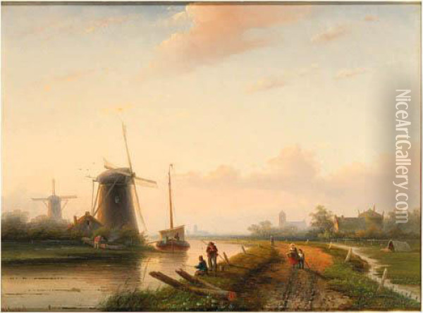 Windmills In A Polder Landscape With Figures On A Track Along Acanal Oil Painting - Jan Jacob Coenraad Spohler