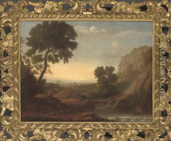 An Italianate River Landscape With Figures Resting Under A Tree And A Shepherd And His Flock Beyond Oil Painting - Claude Lorrain