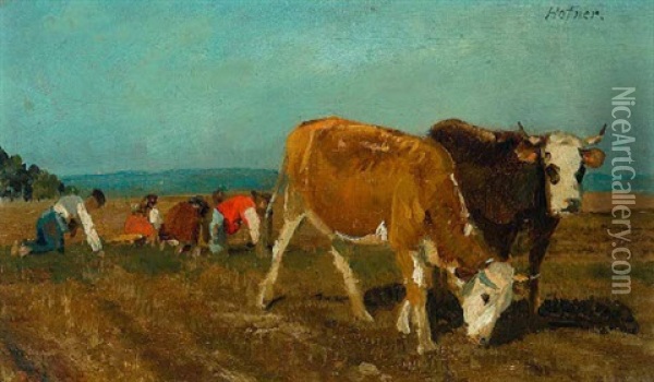 Kuhe Und Bauern Auf Dem Feld Oil Painting - Johann Baptist Hofner