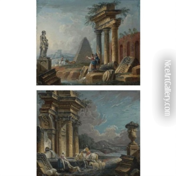 Capricci Of Roman Ruins With Figures ( Pair, One Smaller) Oil Painting - Pierre Antoine Demachy