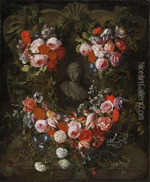 Blumengirlande Um Eineornamentkartusche Oil Painting - Hieronymus Galle I