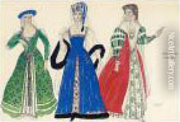 A Costume Design For Three Polish Ladies From 'boris Godunov' Oil Painting - Lev Samoilovich Bakst