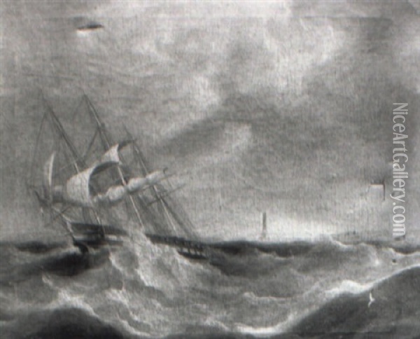 A Frigate Under Shortened Sail Running Before The Storm Oil Painting - George William Crawford Chambers