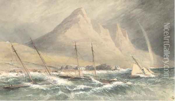 Racing schooners anchored inshore and riding out the gale off the Irish coast, possibly Co. Down Oil Painting - John Callow