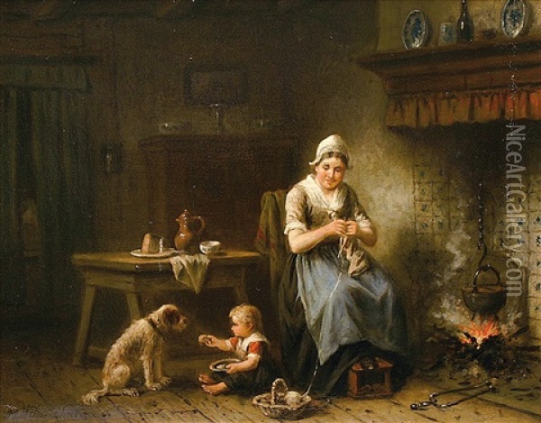 Familienszene In Der Friesenkuche Mit Mutter, Kind Und Hund Oil Painting - Jan Jacobus Matthijs Damschroeder