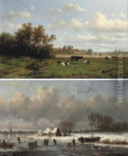 The Pasture In Summer; And Skaters On The Ice In Winter Oil Painting - Anthonie Jacobus Van Wyngaerts