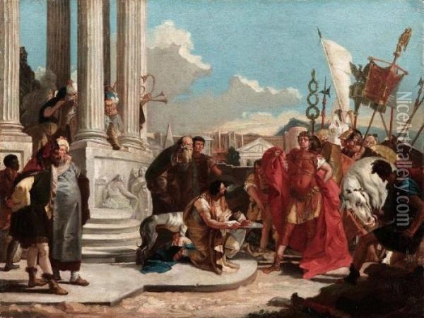 Cesare Contempla La Testa Di Pompeo Oil Painting - Giovanni Battista Tiepolo