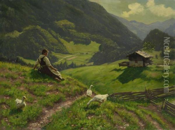 Magd Mit Gansen Auf Der Almwiese Oil Painting - Emil Rau