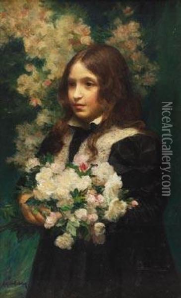 Young Girl With Flowers Oil Painting - Achille Theodore Cesbron