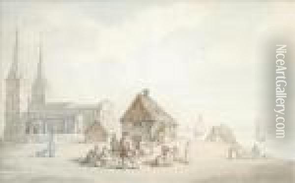 Figures Outside Reculver Church Oil Painting - Thomas Rowlandson