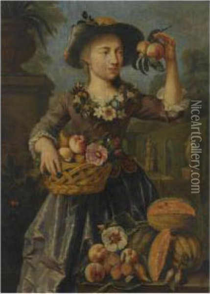 A Young Girl Holding A Reed 
Basket Filled With A Peach, Onions And Other Vegetables And Flowers In 
One Hand, Two Peaches In Her Other Hand, A Still Life Of Peaches, Melons
 And Pruns Resting On A Ledge In The Foreground, All In A Classical 
Landscap Oil Painting - Pieter Snyers