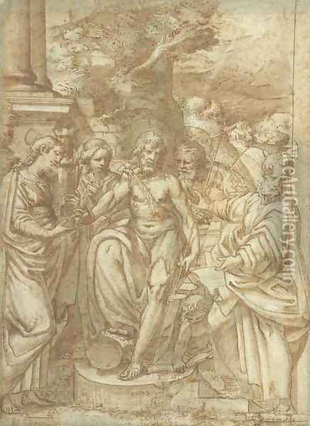 Saint John the Baptist flanked by Saint Barbara and other Saints Oil Painting - Camillo Procaccini