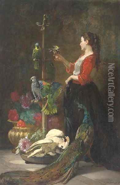 Jeune fille aux perroquets Oil Painting - Charles Monginot
