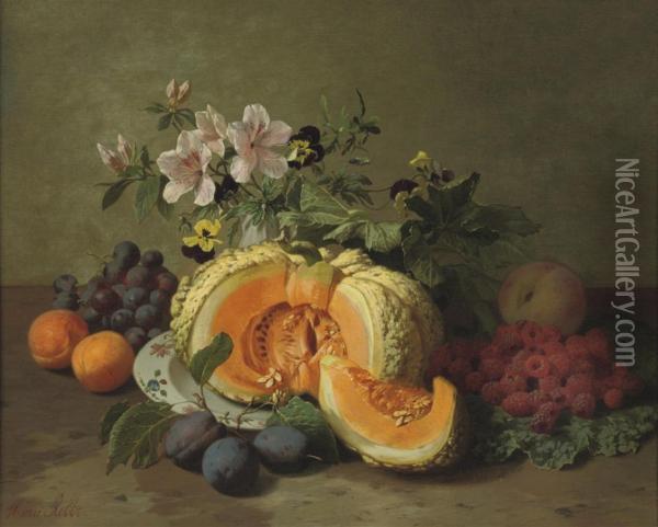 Pumpkin, Grapes, Peaches, Plums, Raspberries And Flowers Oil Painting - Henri Robbe