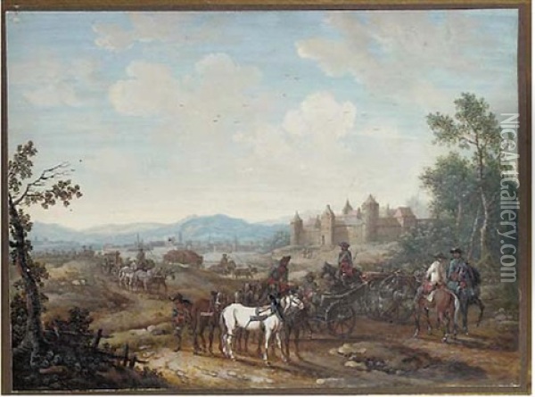 A Column Of Mounted Artillery With A Castle In The Background Oil Painting - Louis Nicolas van Blarenberghe