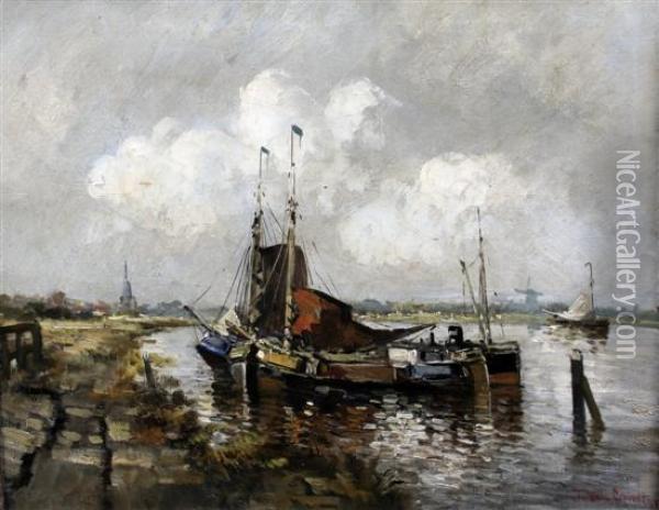 Moored Barges On An Estuary Oil Painting - Hermanus Jr. Koekkoek