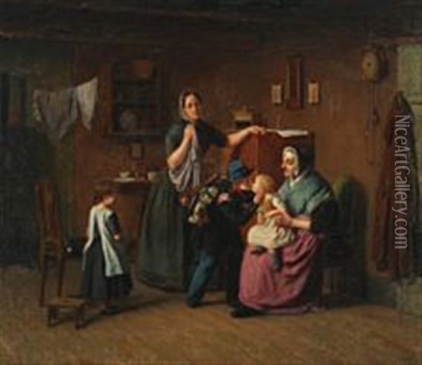 Den Lille Hornblaeser Tager Afsked Med Sin Familie Oil Painting - Julius Friedlaender