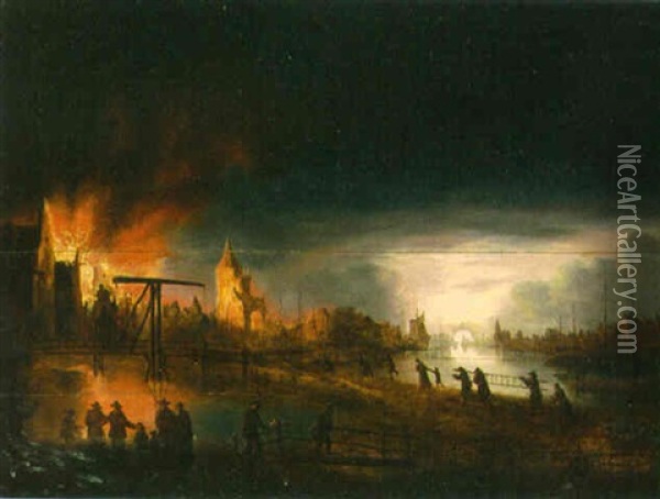 A Moonlit River Landscape With A Burning Town Oil Painting - Aert van der Neer